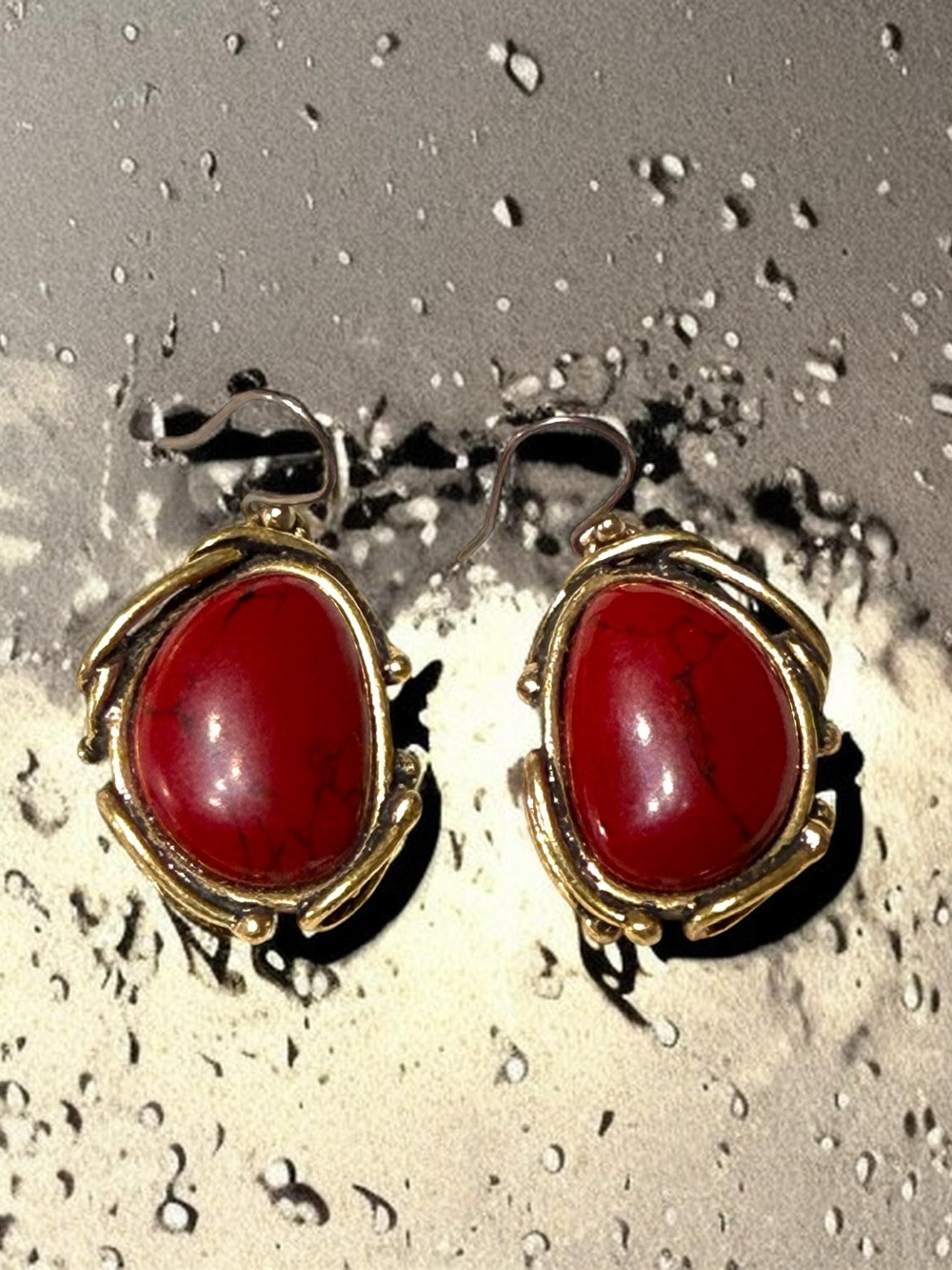 Vintage Gold-Trim Red Teardrop Stone Dangle Earrings - Women Jewelry